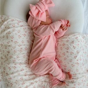 Little & Fern FRILL ZIP ROMPER | PEONY RIB POINTELLE 3-6 months